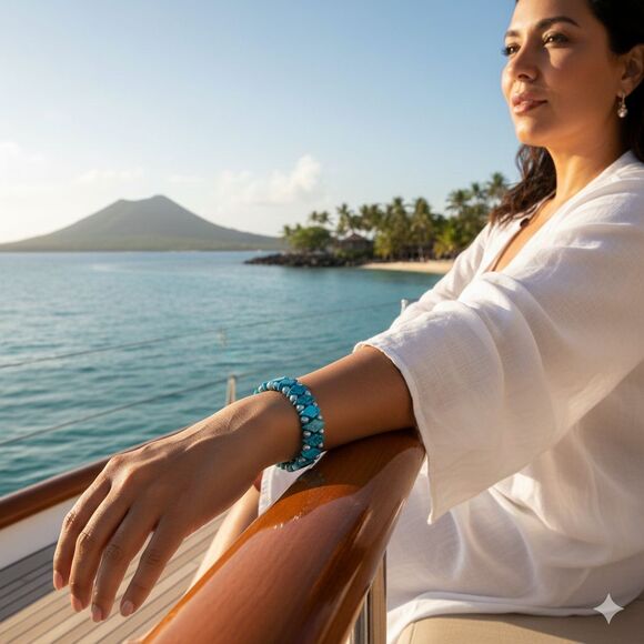 Turquoise Howlite Faux Pearl Beaded Stretch Bracelet Chunky Boho Southwestern - Picture 2 of 7